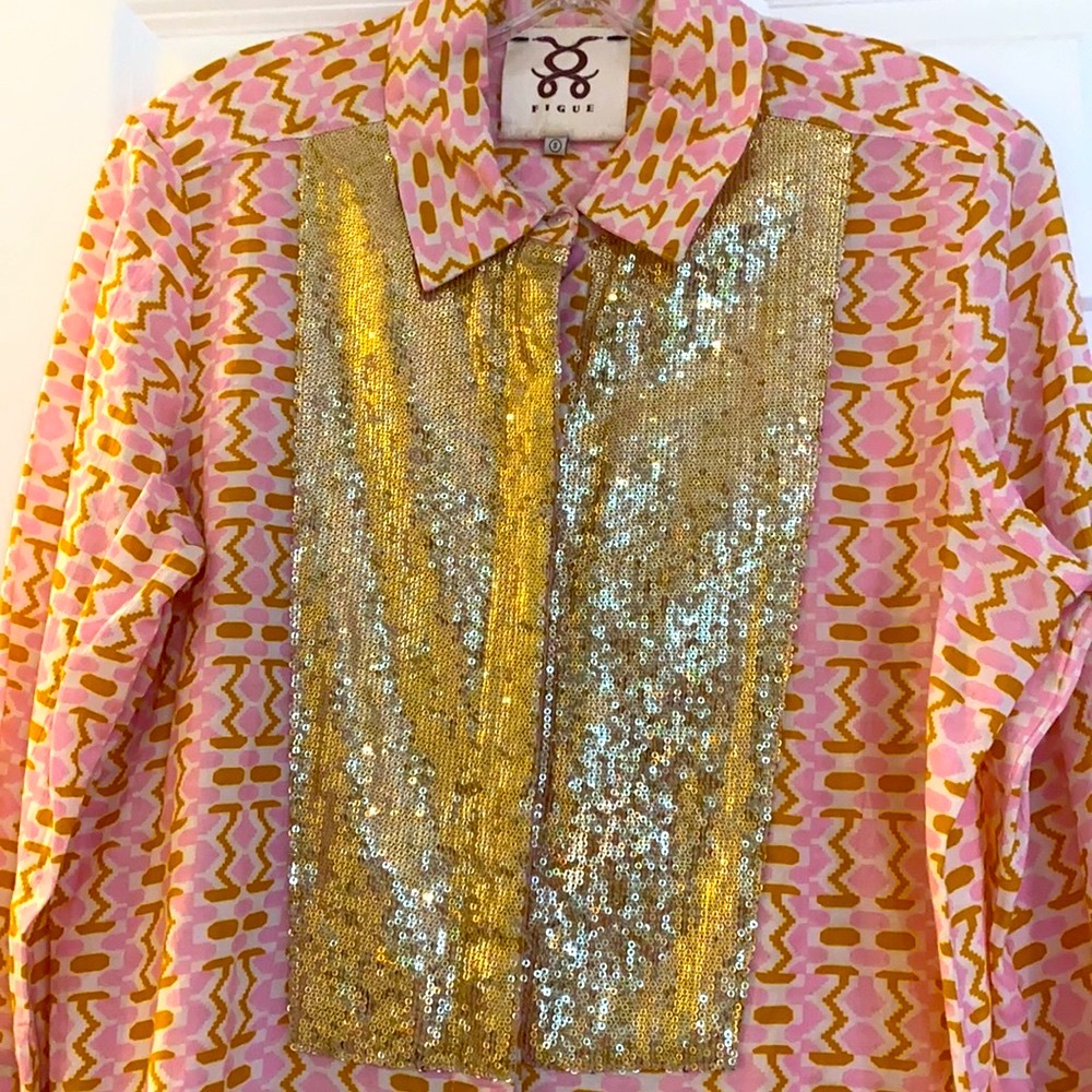 Figue Signature Tuxedo Shirt Top with gold sequined front| Size S